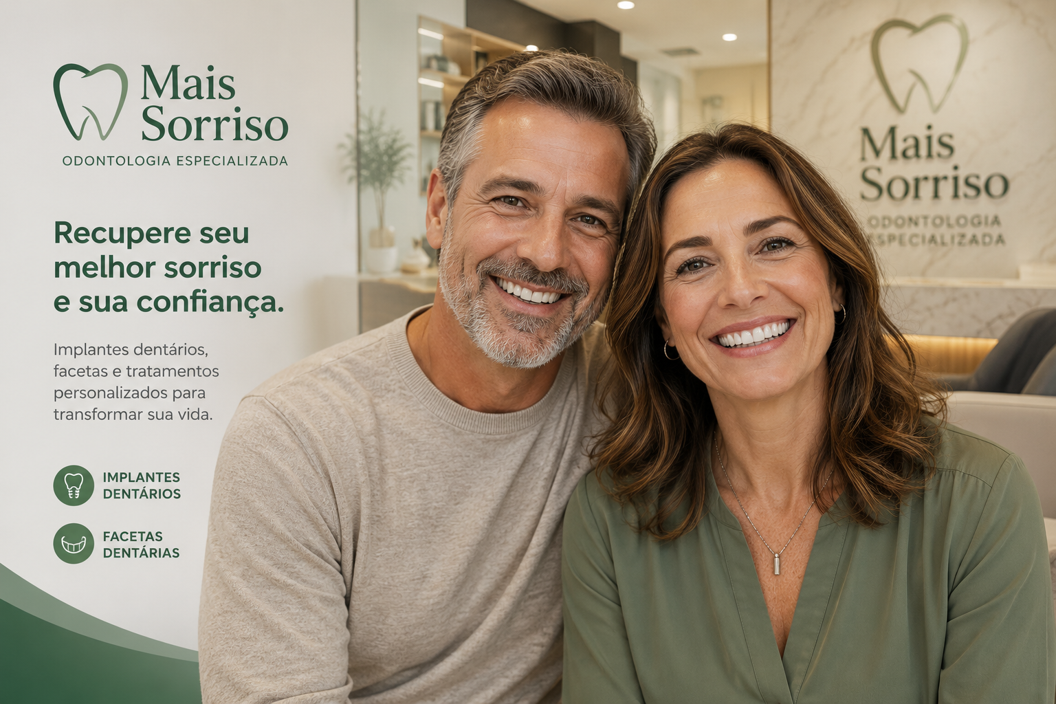 Casal sorrindo após tratamento odontológico